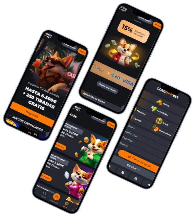 Aplicación móvil de Corgibet Casino Aplicación móvil de Corgibet Casino mostrada en varios teléfonos inteligentes