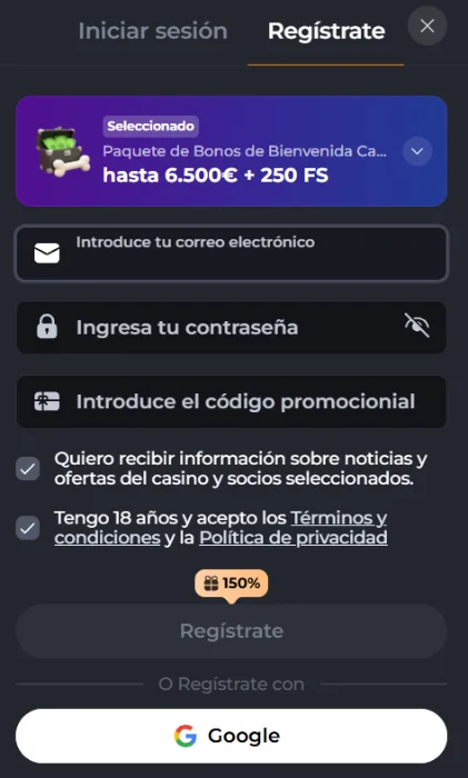 Registro en Corgibet Casino Formulario de registro de Corgibet Casino con bono de bienvenida y acceso con Google